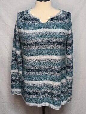 Eddie Bauer Teal and White Striped Knit Sweater